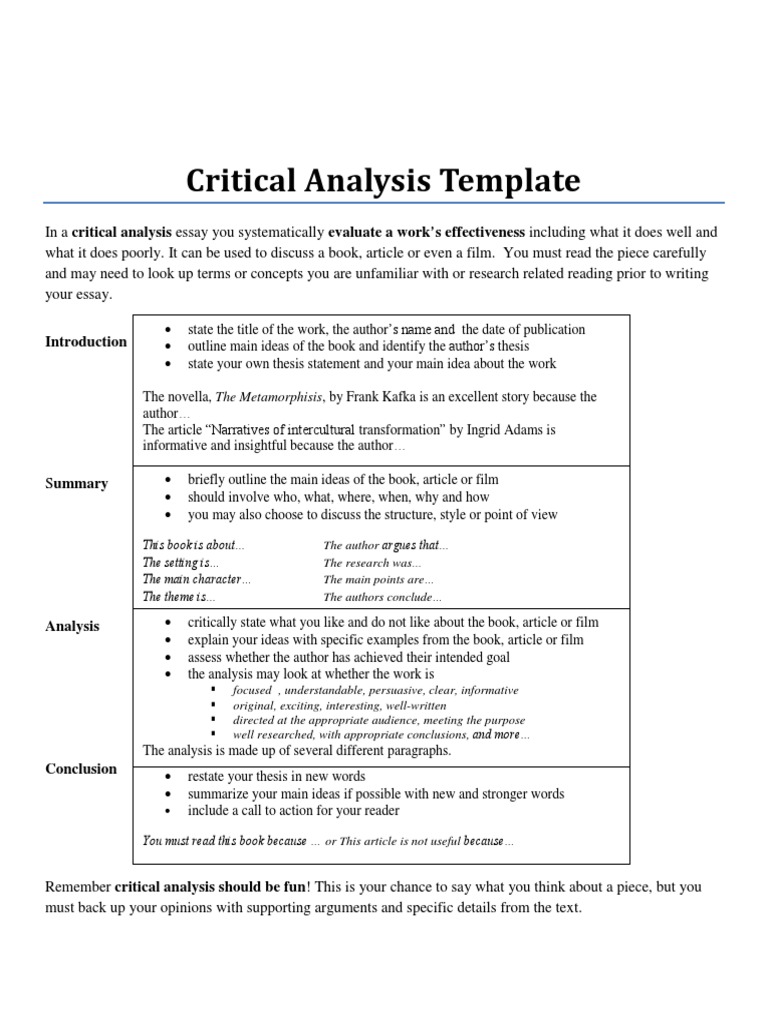 A Guide to Critical Analysis: Evaluating Works Through Summary ...