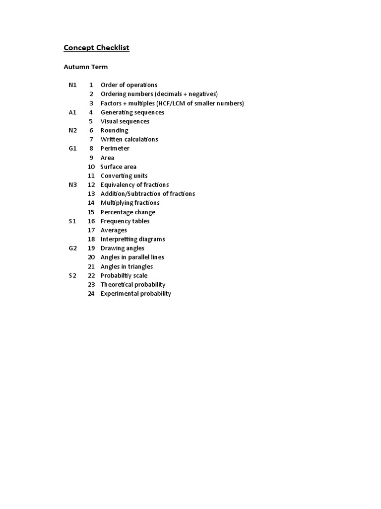 Autumn Term Math Concept Checklist | PDF