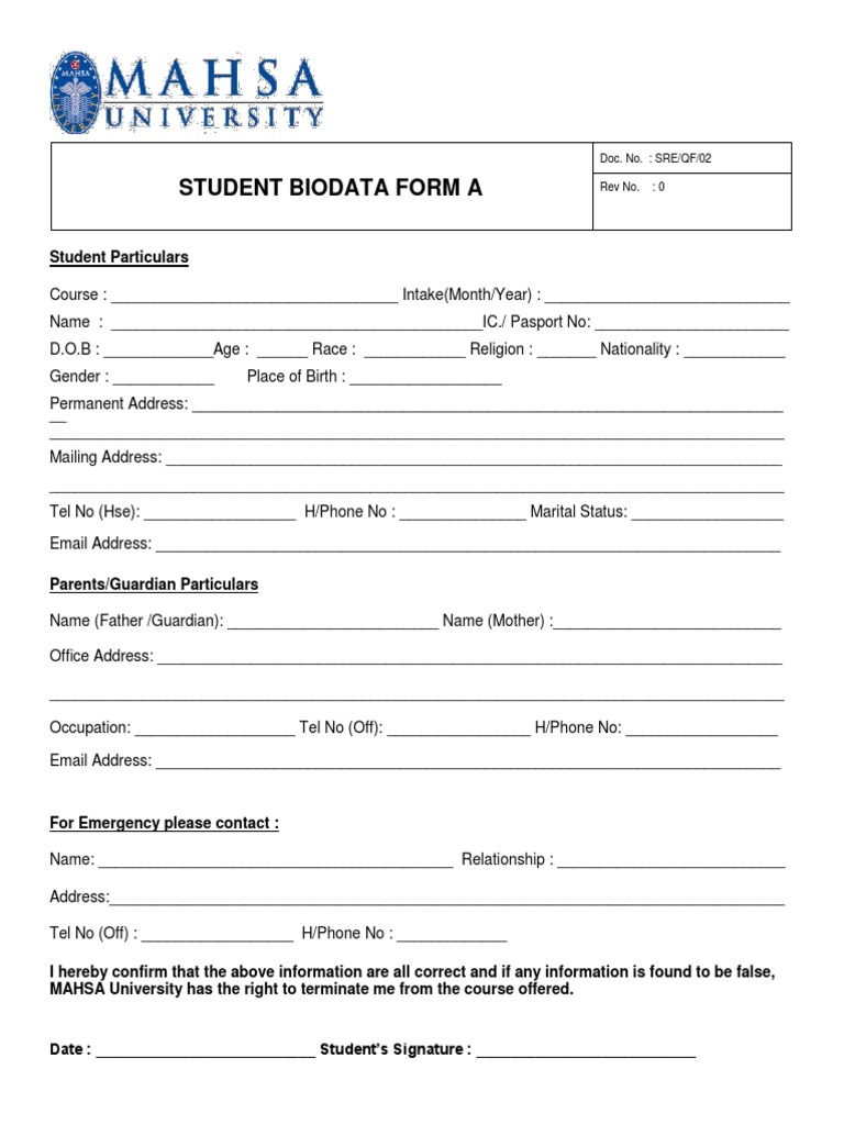 Student Biodata Form A: Doc. No.: SRE/QF/02 Rev No.: 0 | PDF | Career ...