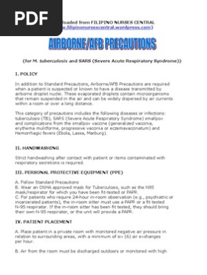 Airbourne Precautions Tuberculosis Infection