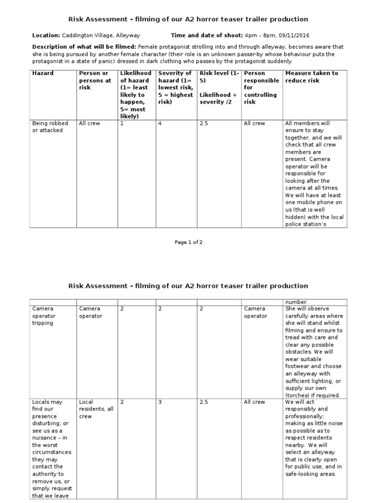 Risk Assessment - Filming of Our A2 Horror Teaser Trailer Production | PDF