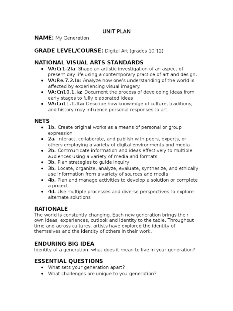 Name Grade Level/Course National Visual Arts Standards Unit Plan