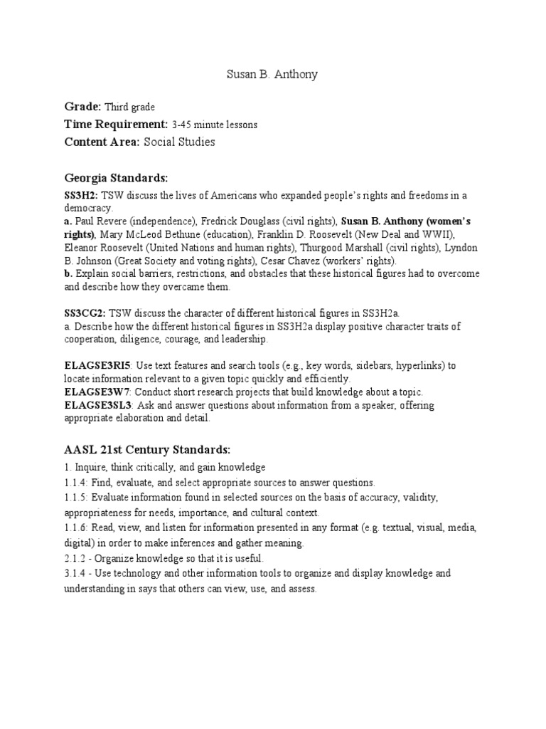 Susan B. Anthony Biography Lesson Plan | PDF | Learning | Psychological ...