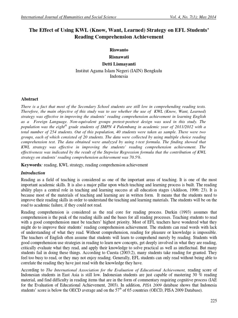 The effect of using kwl know want learned strategy on efl students