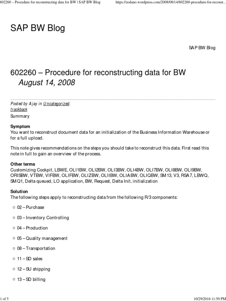 SAP BW Data Reconstruction Guide | PDF | Database Transaction | Queue ...