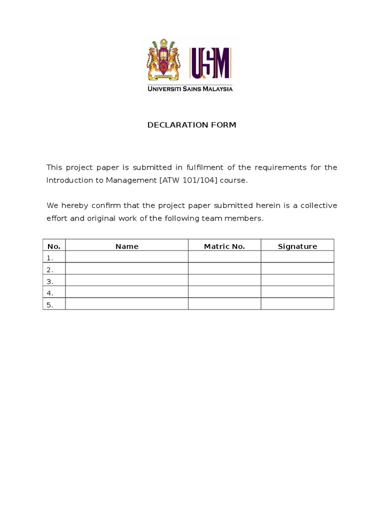 Project Paper Declaration Form | PDF | Business