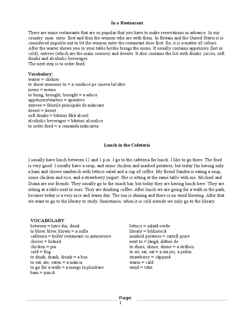 English Texts for Beginners: Daily Life | PDF | Lunch | Drink
