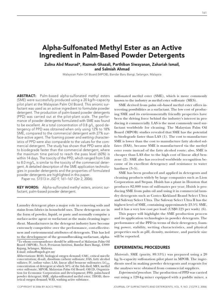 AlphaSulfonated Methyl Ester As An Active Ingredient in PalmBased