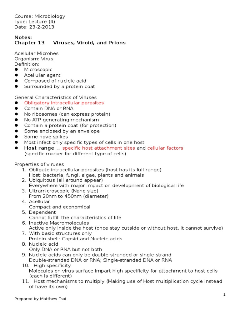 Notes: Viruses, Viroid, and Prions: Obligatory Intracellular Parasites ...