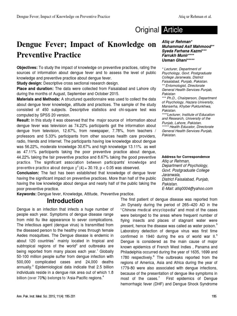 Dengue Fever Impact of Knowledge On Preventive Practice | PDF | Science ...