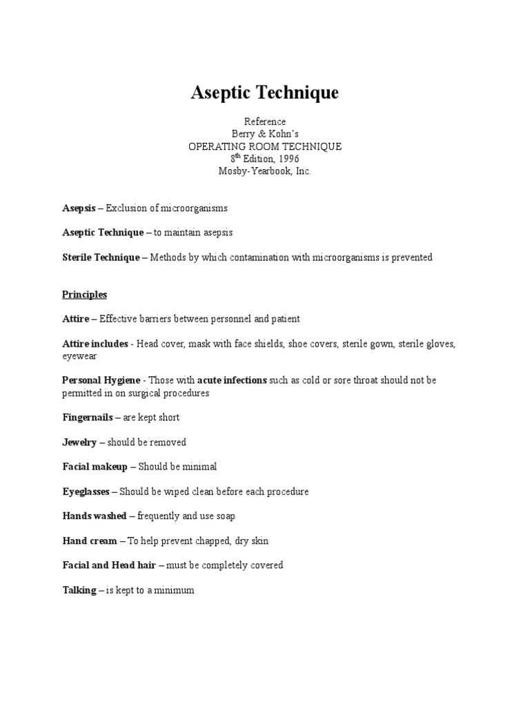Aseptic Technique Reference Berry & Kohn's Operating Room Technique 8
