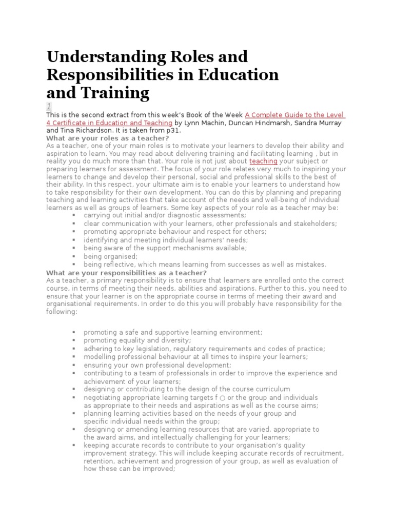 Teacher Roles and Responsibilities in Education | PDF | Educational ...