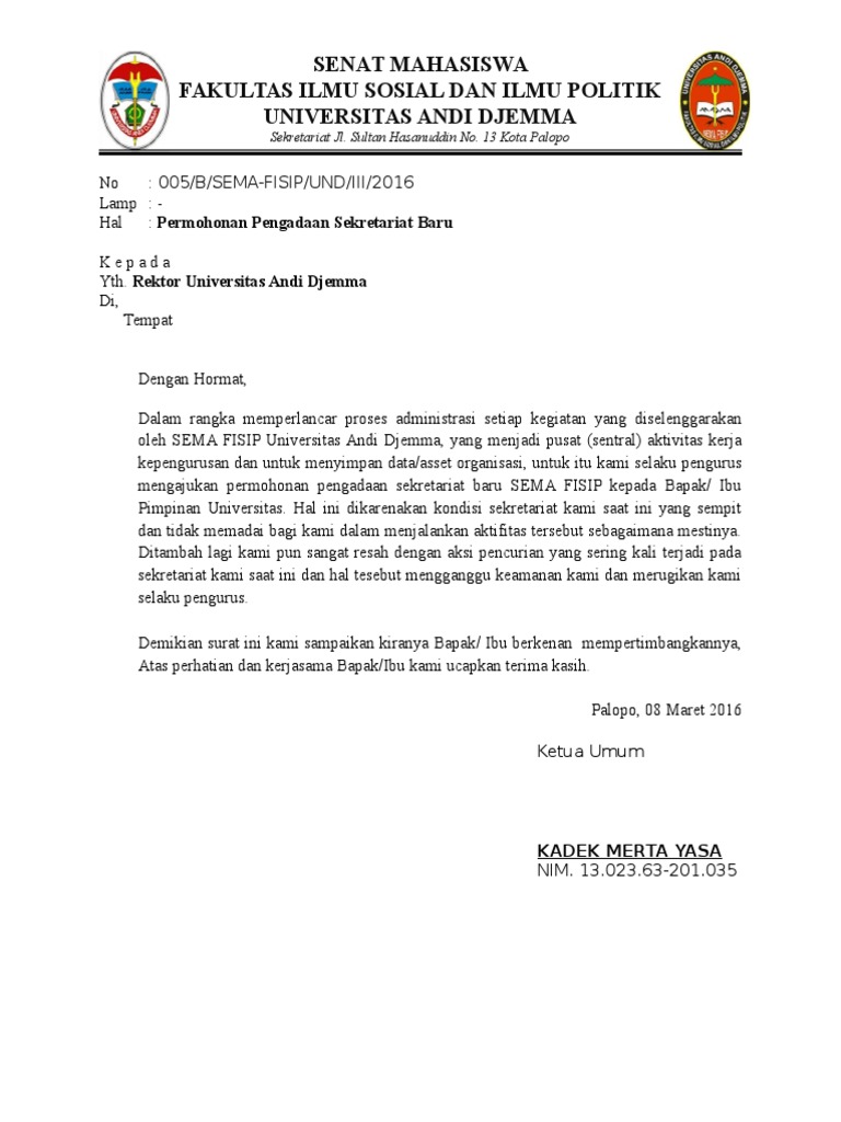 Surat Permohonan Pengadaan Sekretariat