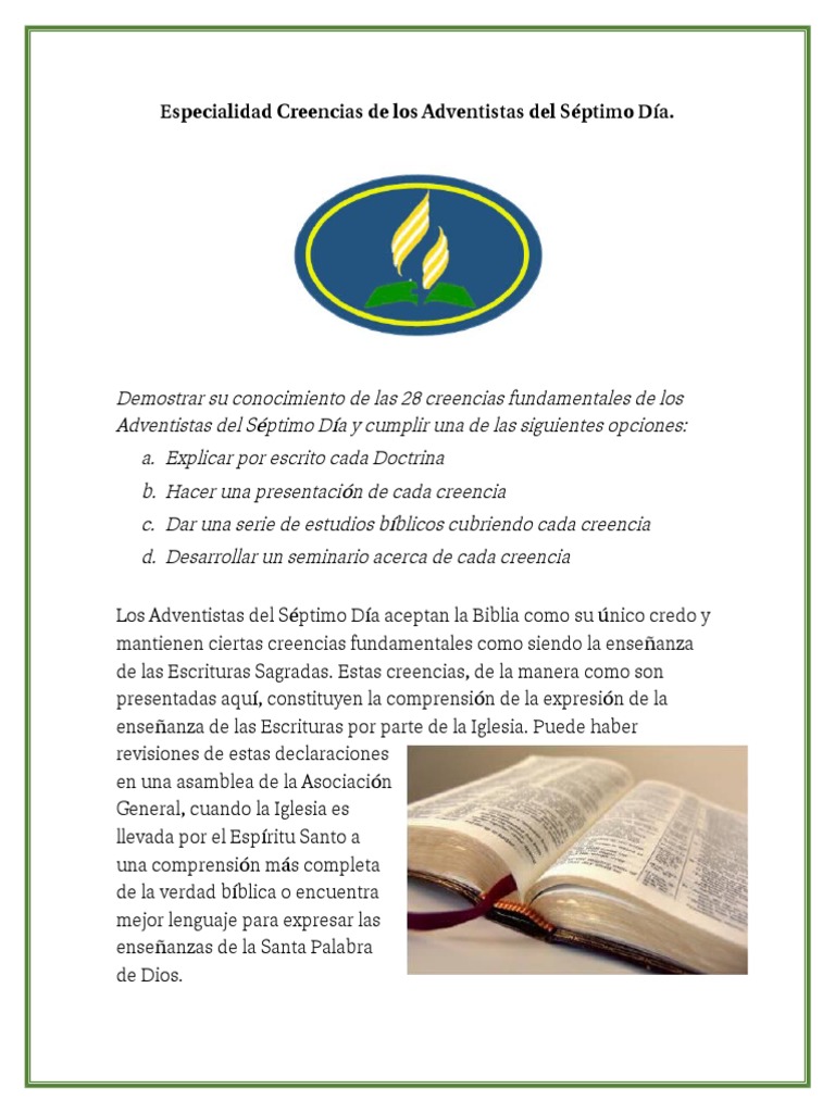 Resumen de Las 28 Creencias | PDF | Iglesia Adventista del Séptimo Día |  Biblia