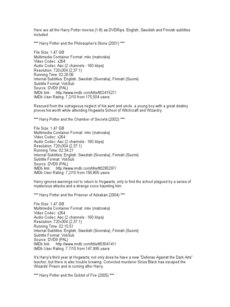 The Harry Potter Movies 1 8 Dvdrips Engsub Swesub Finsub Read This Harry Potter Contemporary Fantasy Novels the harry potter movies 1 8 dvdrips