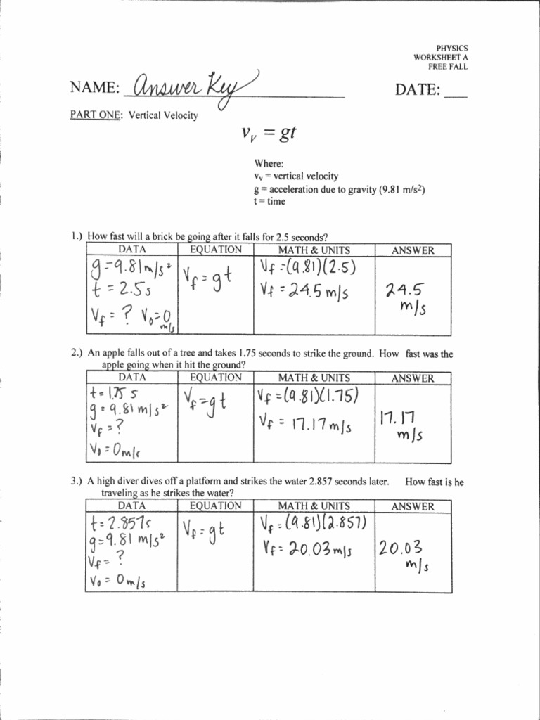 Free Fall Worksheet T D V Great Answer Key Intended For Free Fall Problems Worksheet