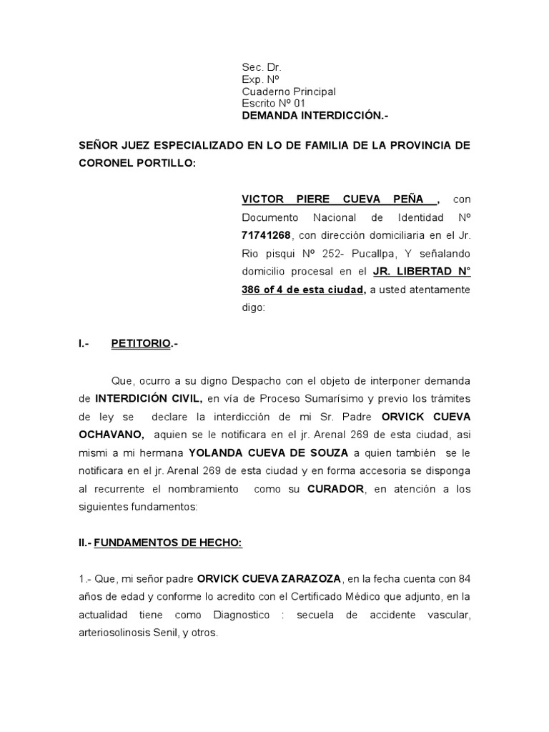 Demanda de Interdiccion de Persona Incapaz Mayor de Edad | PDF ...