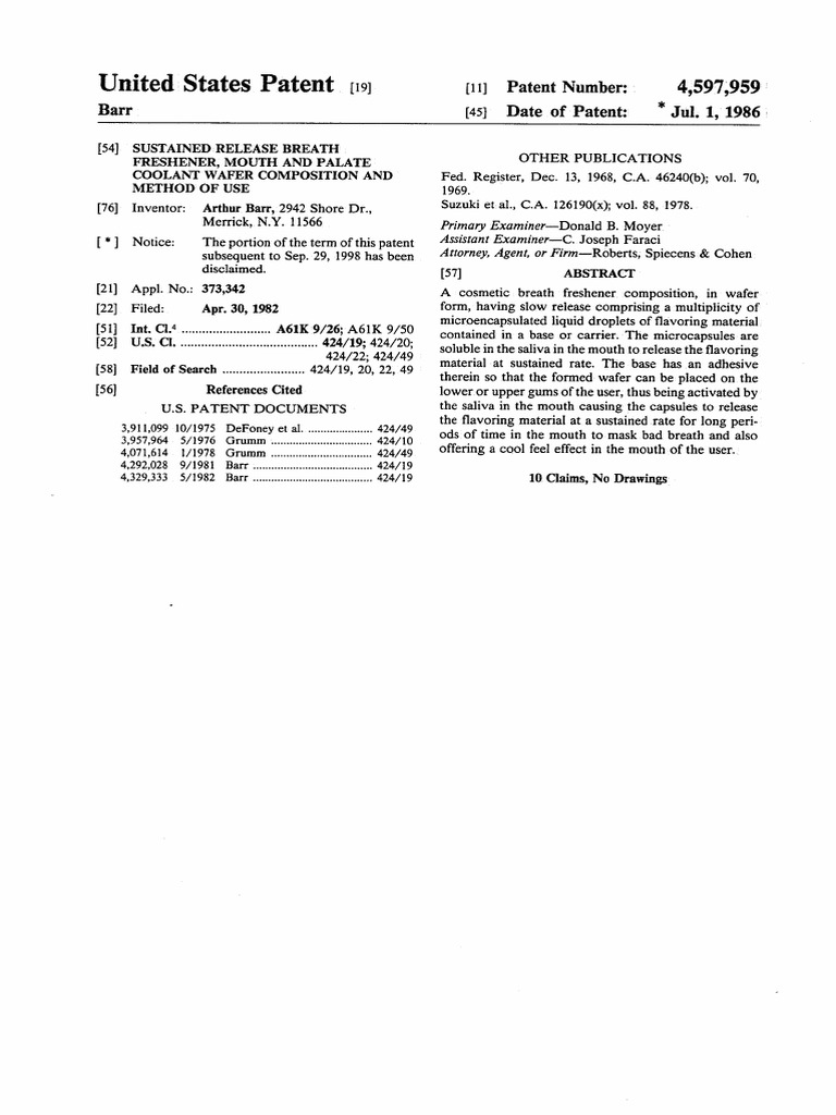 Slow Release Breath Freshener and Mouth Coolant Wafer Composition PDF