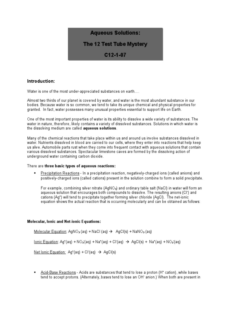 12 Test Tube Mystery PDF Precipitation (Chemistry) Redox