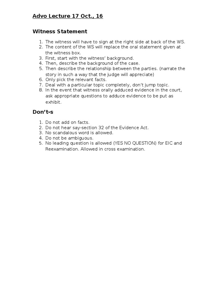 Witness Statement Guidelines | PDF