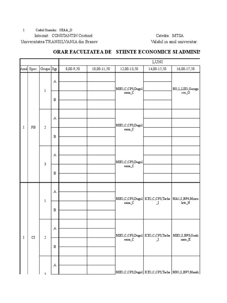Orar Facultatea Științe Economice | PDF