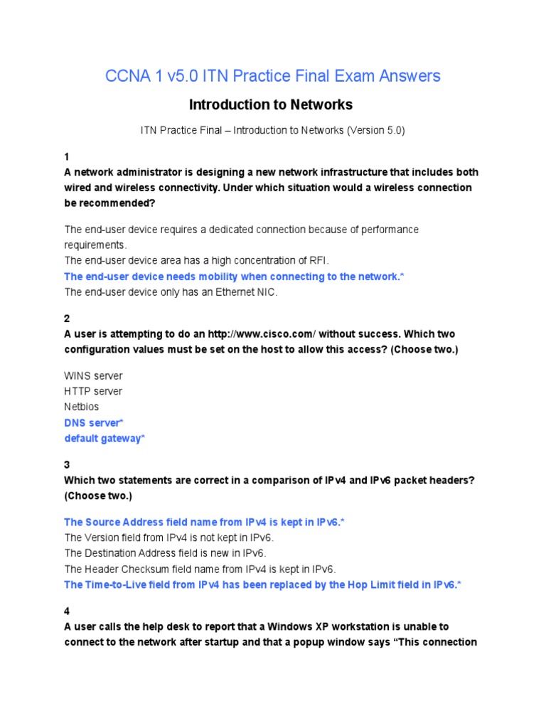 Introduction To Networks Version 5 0 Itn Chapter 2 Exam