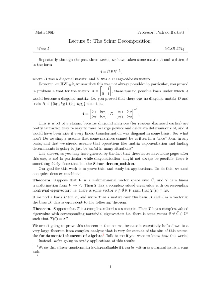 Schur Decomposition | PDF | Eigenvalues And Eigenvectors | Basis ...