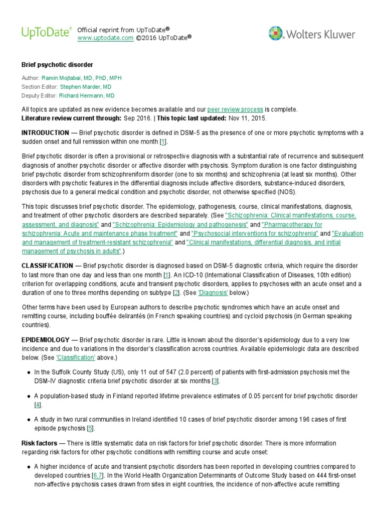 Brief Psychotic Disorder Psychosis Antipsychotic Free 30day