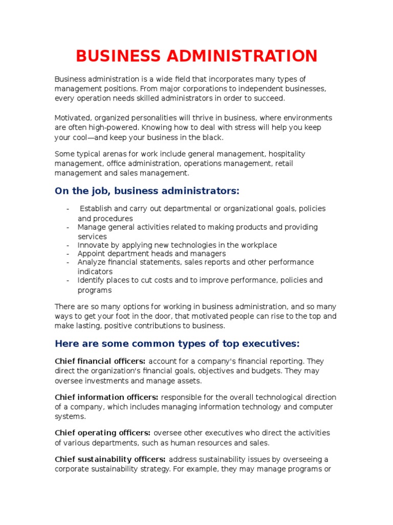 Overview of Business Administration Roles | PDF | Career & Growth ...