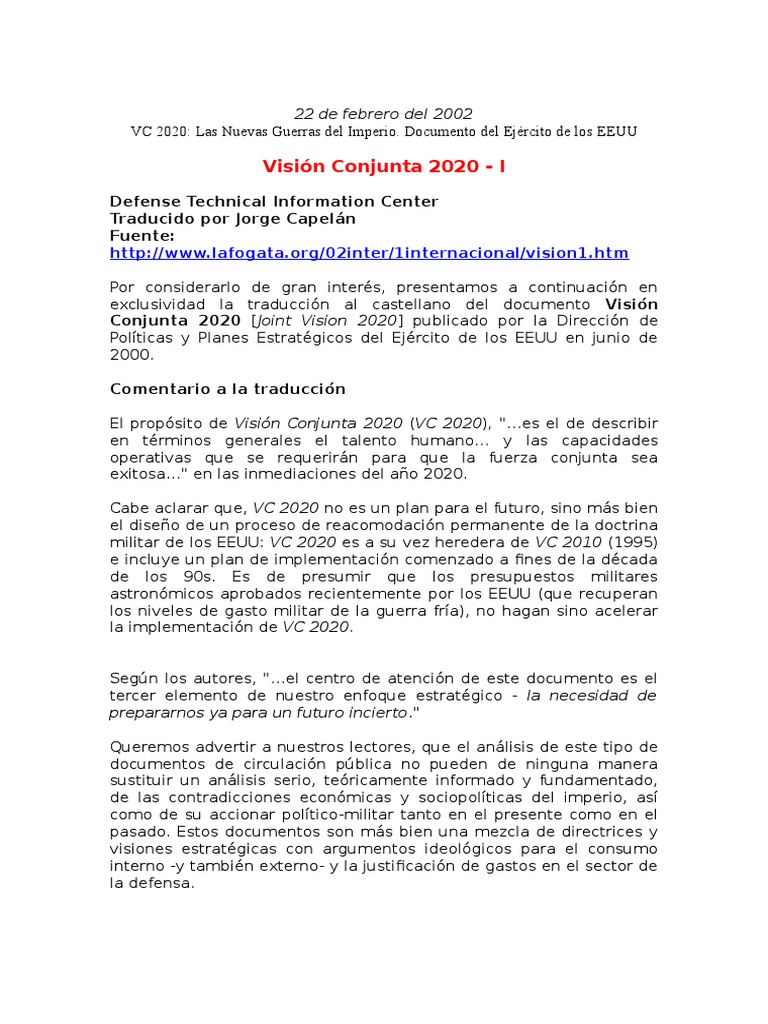 Visión Conjunta 2020 del Ejército de EE.UU. | PDF | Toma de decisiones ...