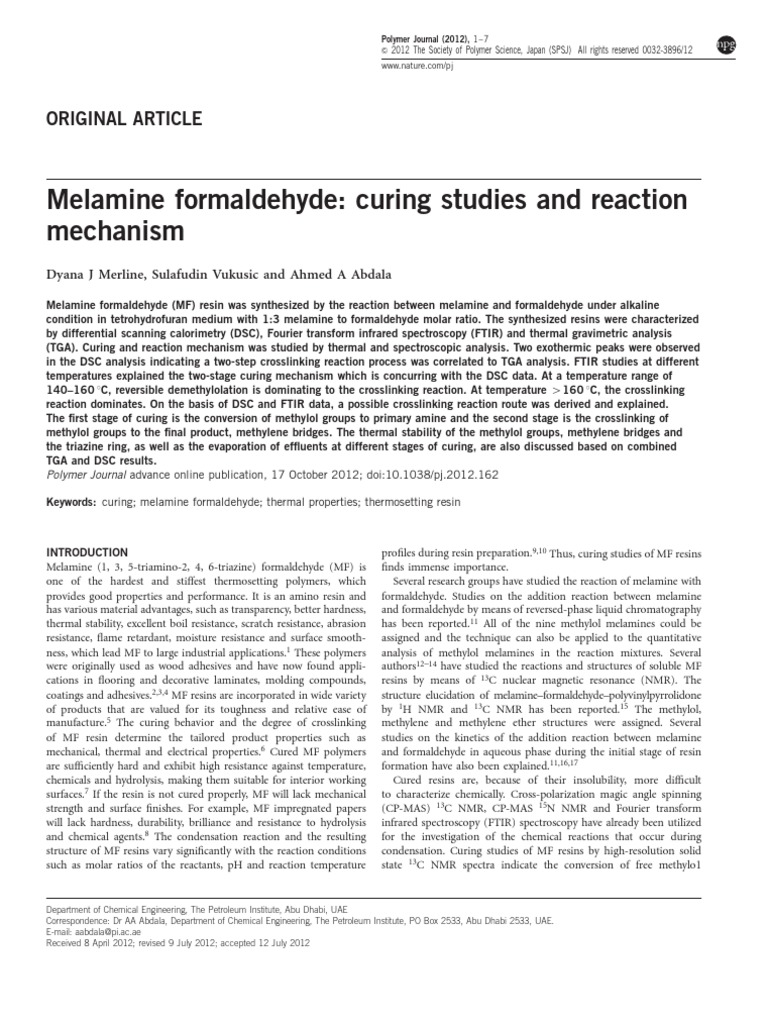 Melamine Formaldehyde Curing Studies and PDF Differential Scanning