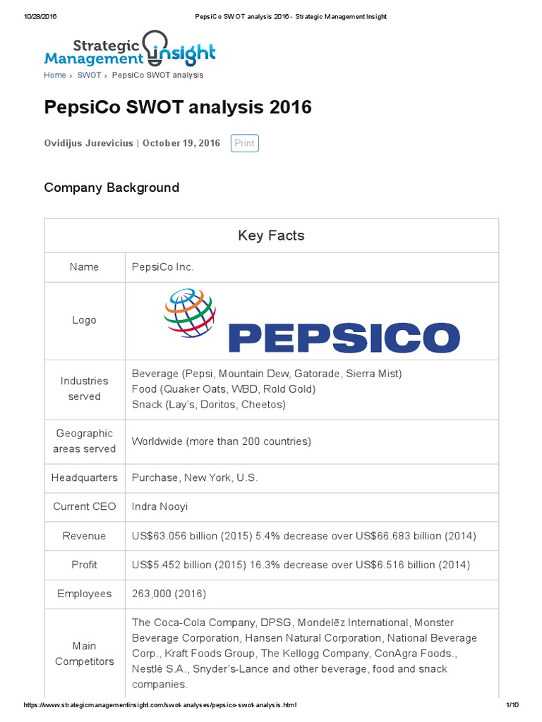 PepsiCo SWOT Analysis 2016 - Final | PDF | Pepsi Co | Brand