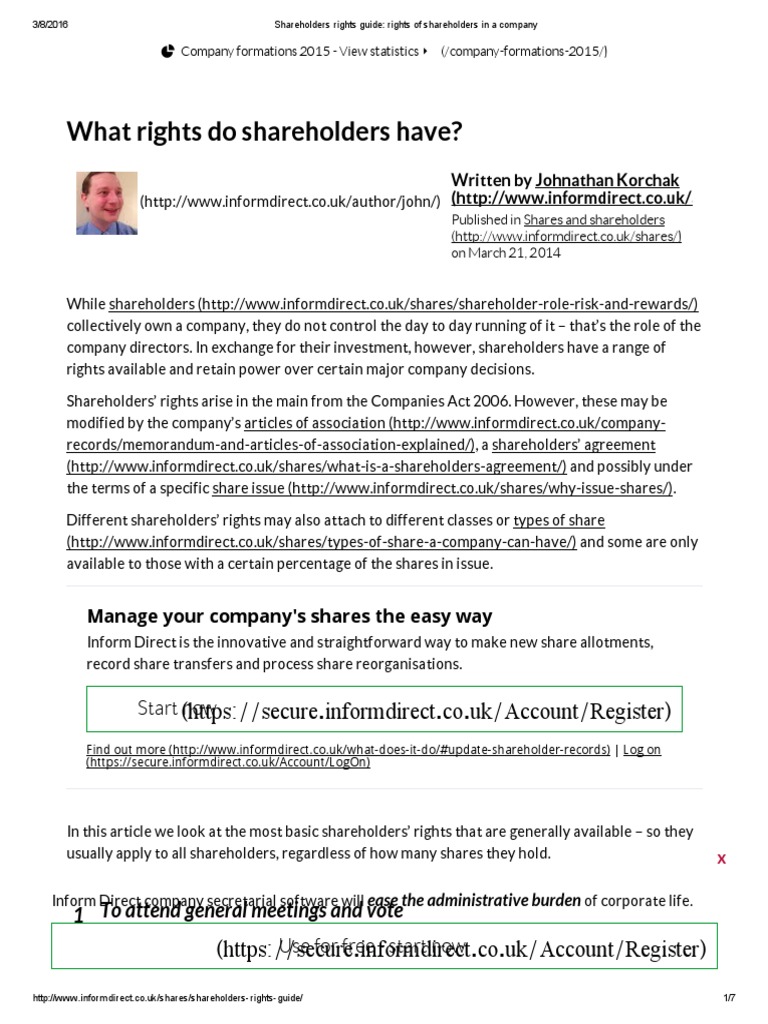 Shareholders Rights Guide - Rights of Shareholders in A Company | PDF ...