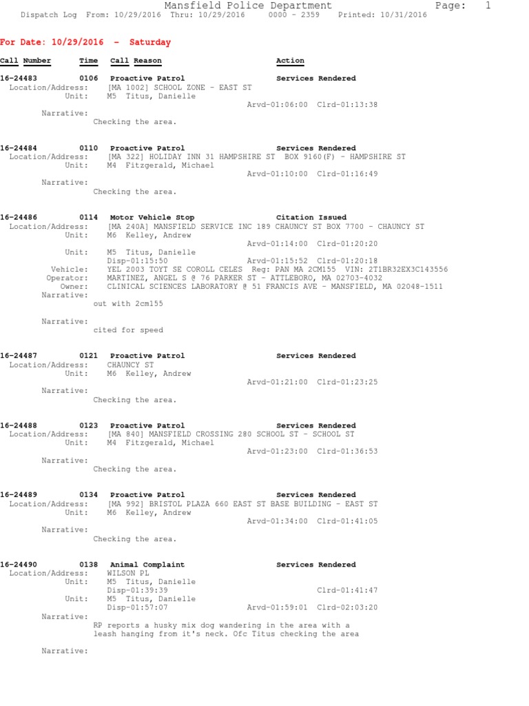 Police Log October 29, 2016 | PDF | Vehicles | Transport