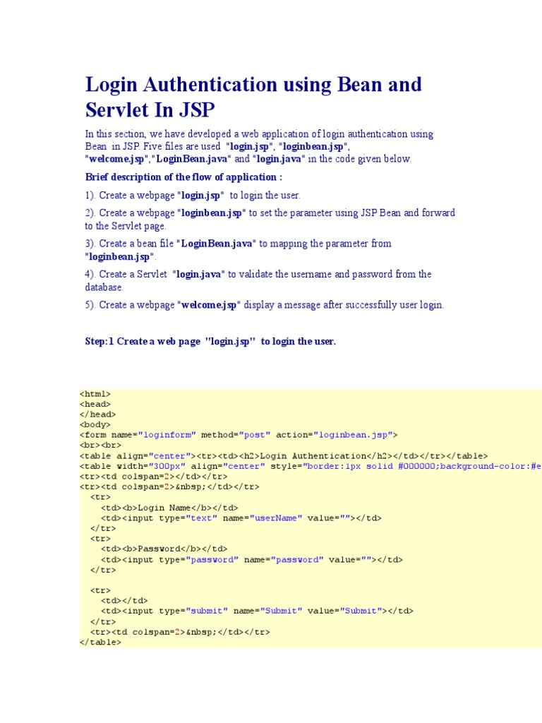 Login Authentication Using Bean And Servlet In JSP Java Server