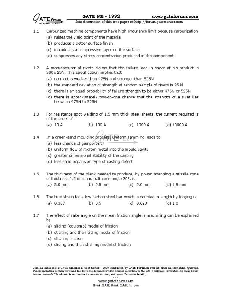GATE ME 1992 Question Paper PDF | PDF