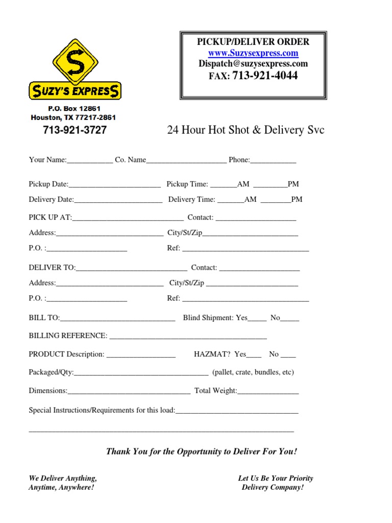 24-Hour Hot Shot Delivery Service Form | PDF | Career & Growth