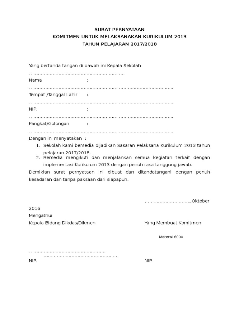Surat Pernyataan Melaksanakan Kurtilas Tp 2017 2018