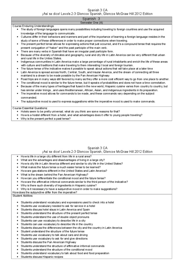 Spanish 3 CA Scope and Sequence PDF Grammatical Tense Perfect