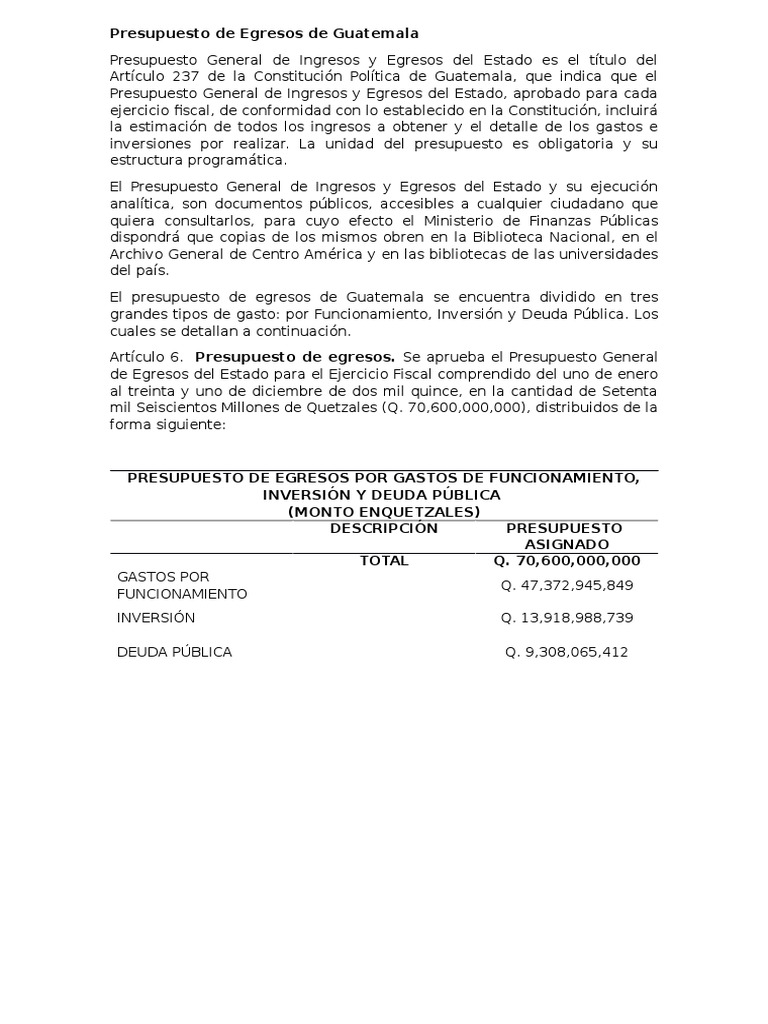 Presupuesto de Egresos en Guatemala | PDF | Guatemala | Presupuesto del ...