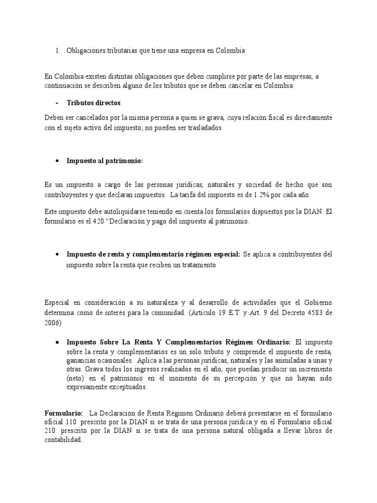 Obligaciones tributarias de empresas en Colombia | PDF | Impuestos ...