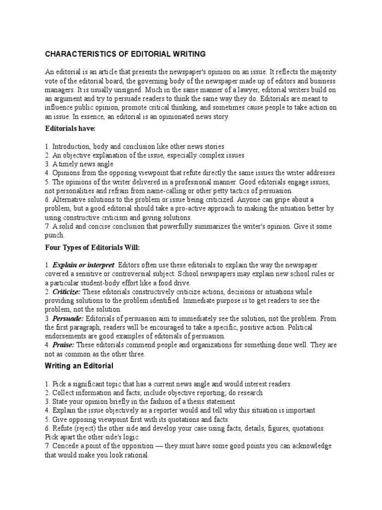Key Features of Editorial Writing | PDF | Persuasion | Writers