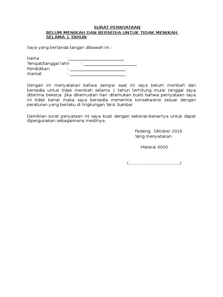 Format Surat Pernyataan Belum Pernah Menikah