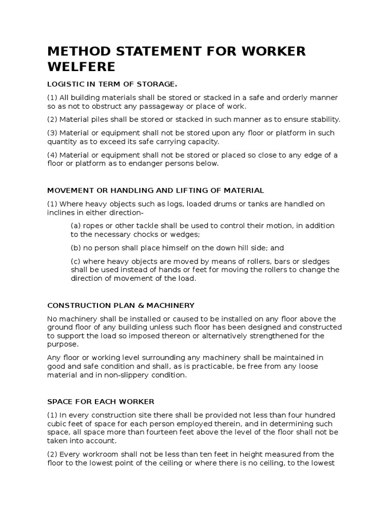 Workplace Welfare Facilities Method Statement | PDF | Drinking Water ...