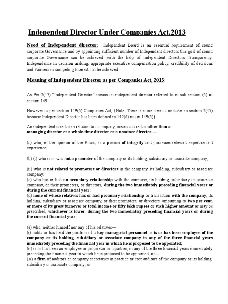 Independent Director Draft Board Of Directors Governance