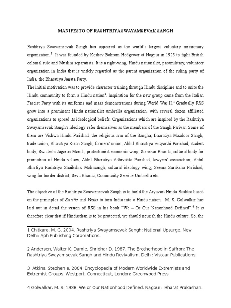 Manifesto Of Rashtriya Swayamsevak Sangh Political Theories Ideologies