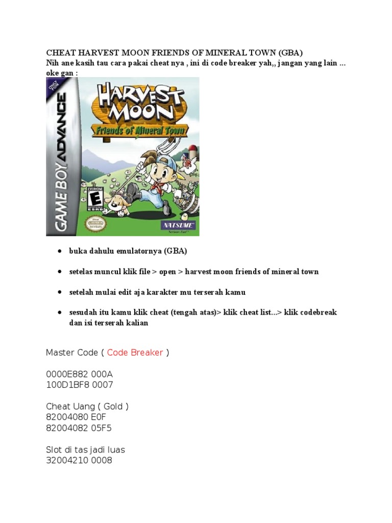 Cheat Harvest Moon Friends of Mineral Town PDF