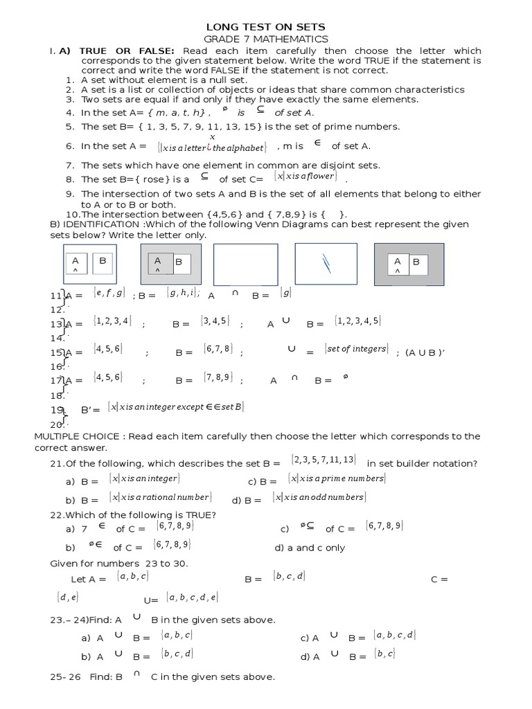 Grade 7 Math Sets Test Review | PDF | Set (Mathematics) | Mathematical ...