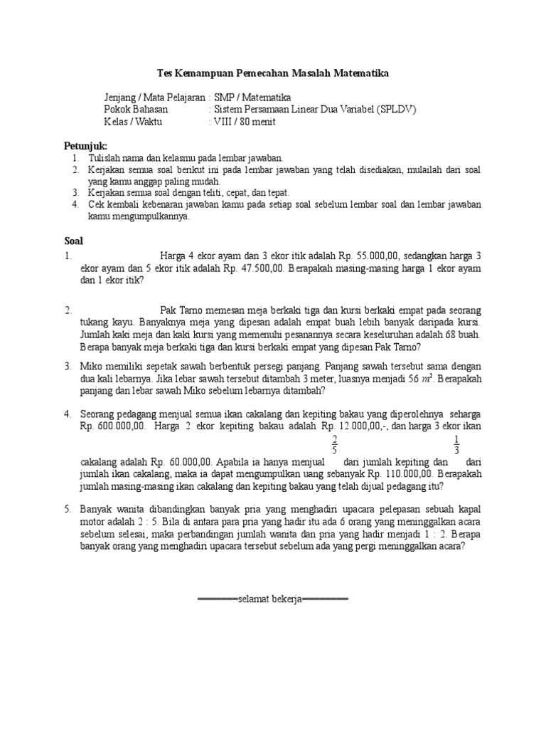 Tes Kemampuan Pemecahan Masalah Matematika