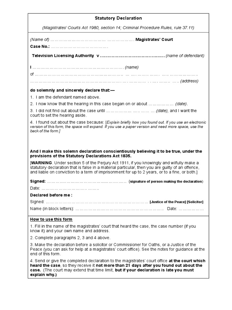 Statutory Declaration Form | PDF | Justice Of The Peace | Public Sphere
